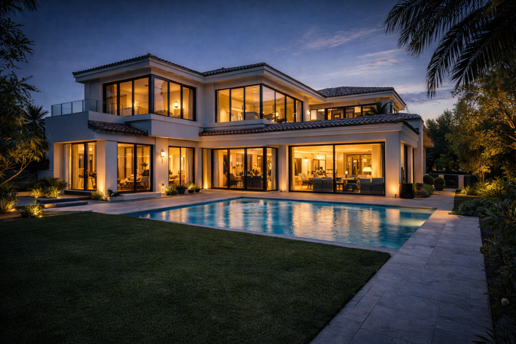Mediterranean villa with smart lighting at dusk