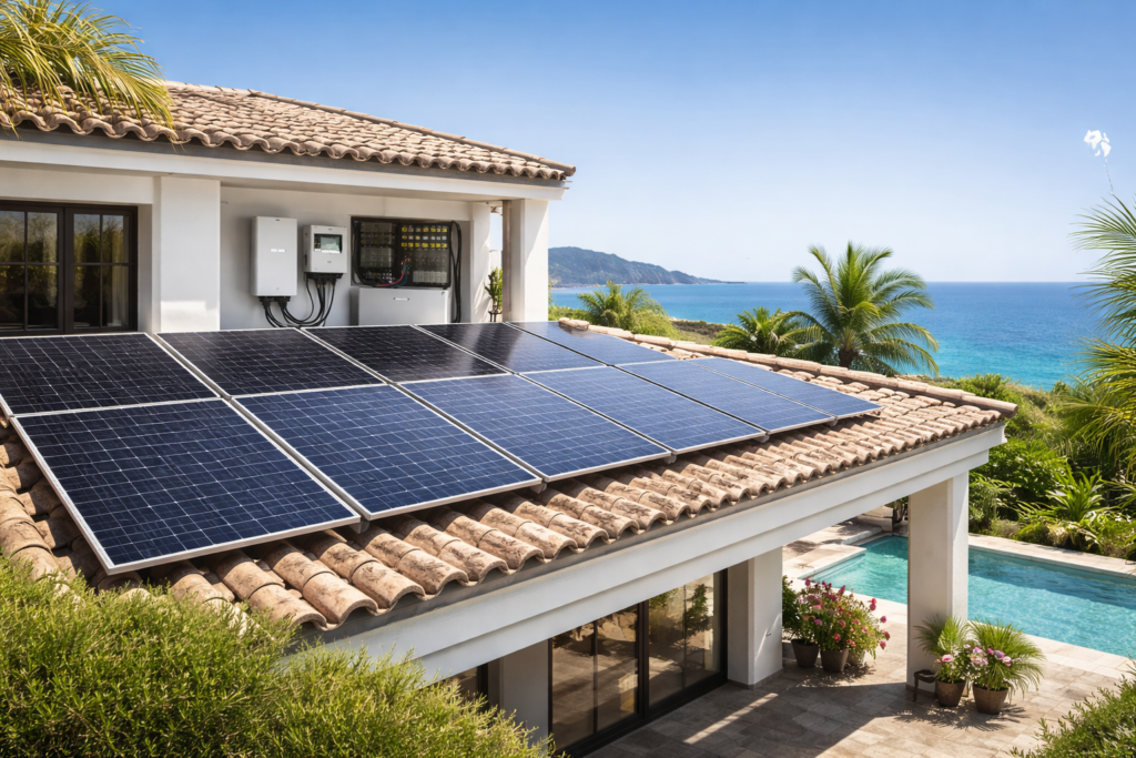 Solar panels and battery storage system on a Mediterranean villa
