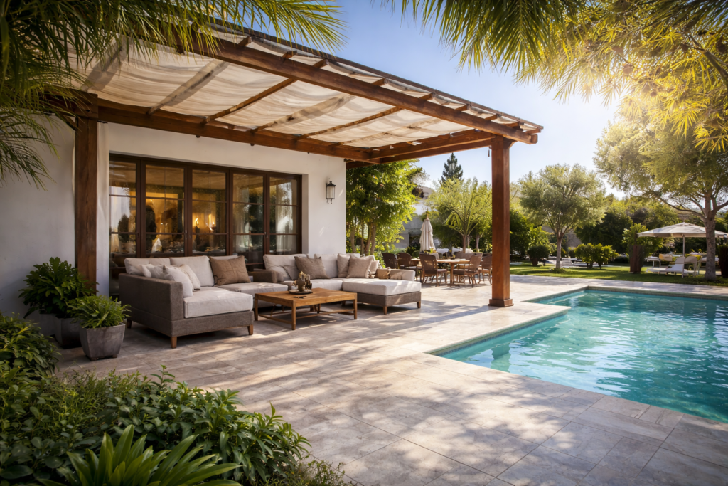 Mediterranean villa terrace with pergola shade and pool